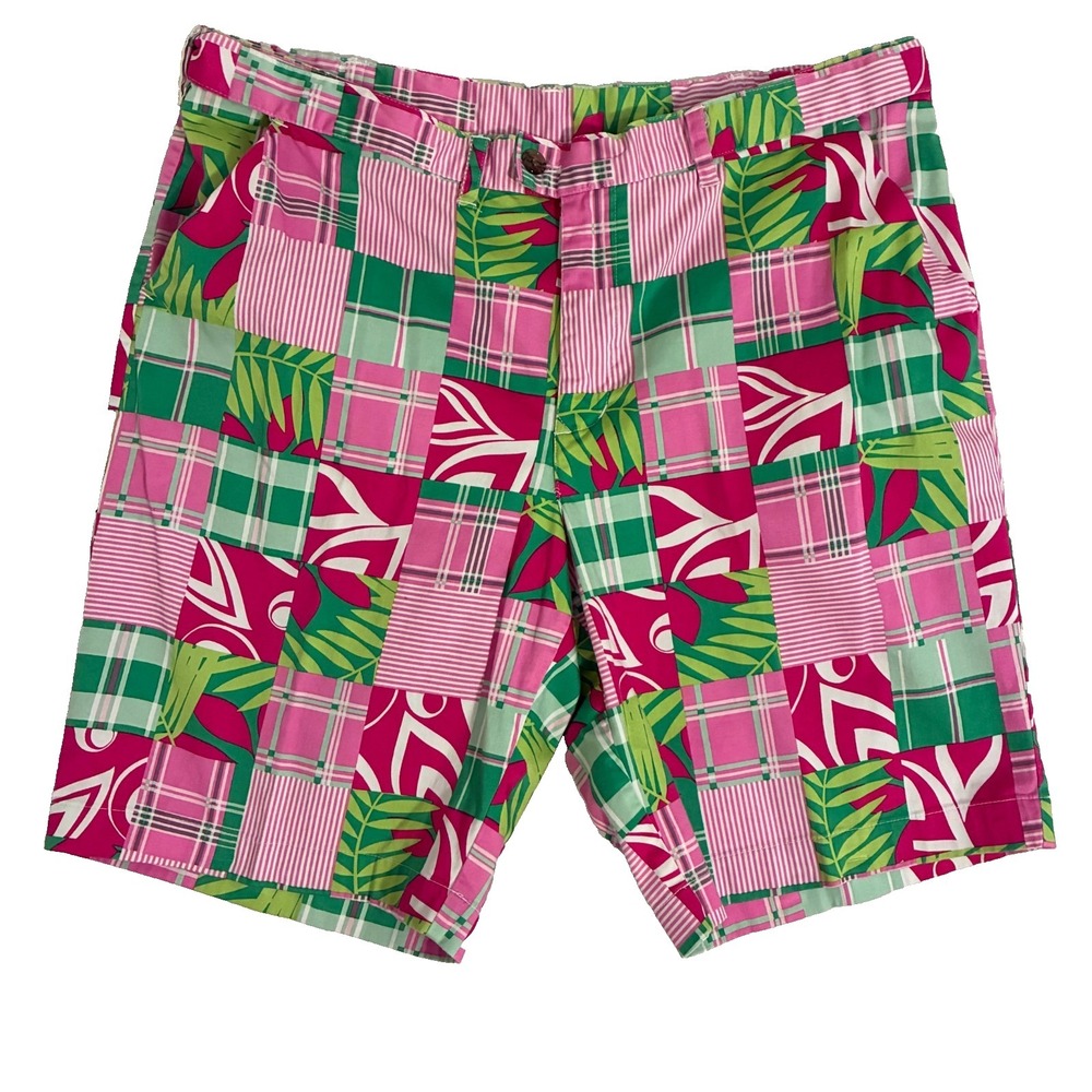 Loudmouth Golf Chino Shorts Mens Size 42 Patchwork Plaid Preppy Mint Julep Pink